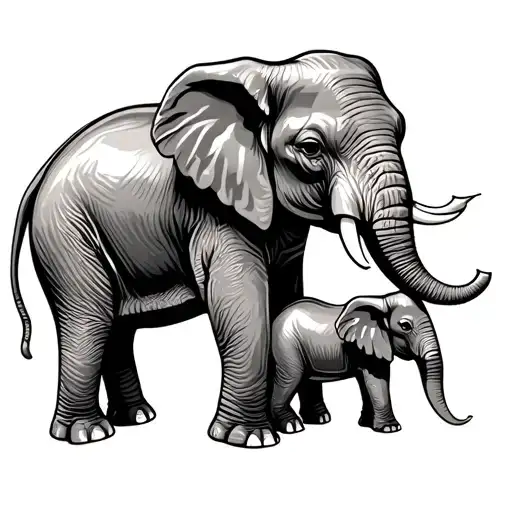 Elephant With Its Baby Elephant Standing By Its Legs