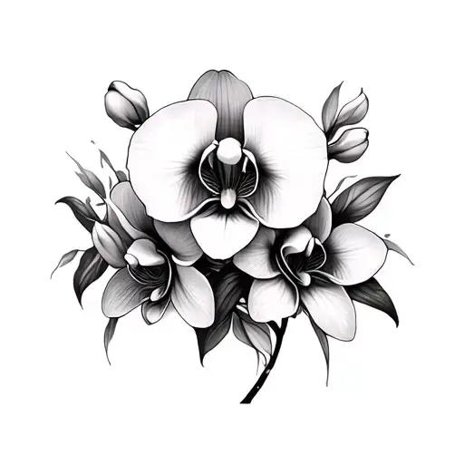 Flowers And Orchids In Black And White Shadows On The Shoulder For Girl