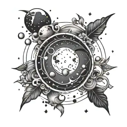 A Minimalist Tattoo Of A Crescent Moon Surrounded By A Ring Of Tiny Planets