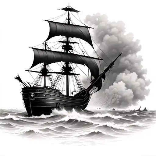 Pirate Ship Breaking Through Fog