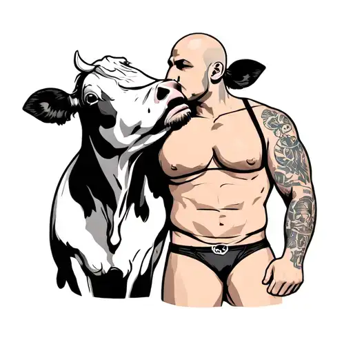 Cow Kissing Bald Uncle Wearing Bra And Thong