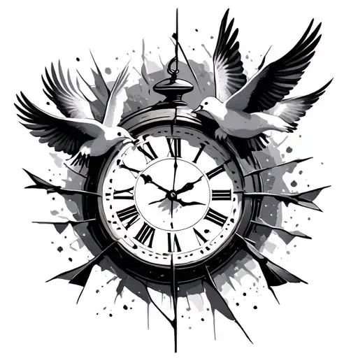 Broken Clock With Doves Flying