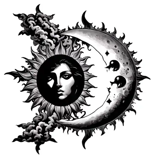 Sun And Moon With Stormclouds And Ligthing