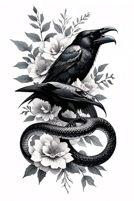Floral Arm Sleeve With A Snake And Raven