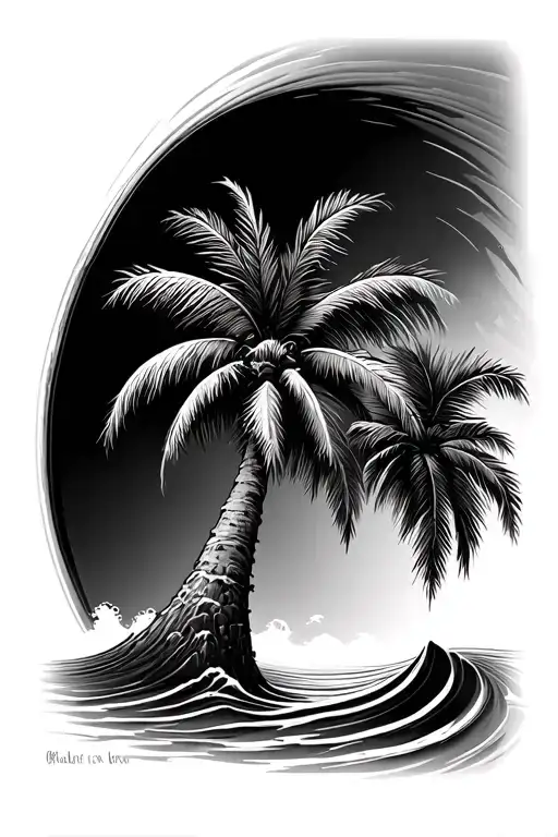 Palm Tree With Barreling Wave In Background Looking Through Lens