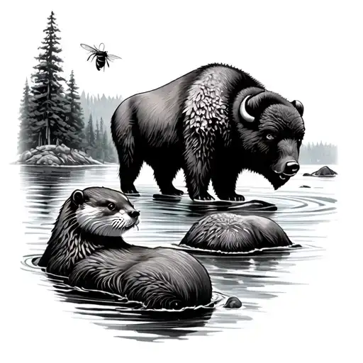 Bear Bee Otter And Bison By A River