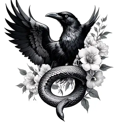 Floral Tattoo Arm Sleeve With A Snake Intertwined And A Raven Wing