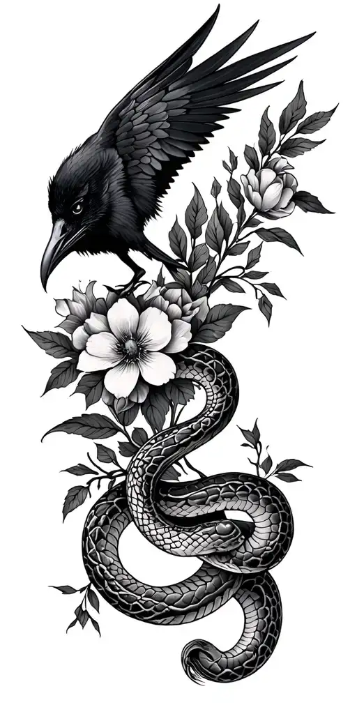 Floral Tattoo Arm Sleeve With A Snake Intertwined And Raven Wings