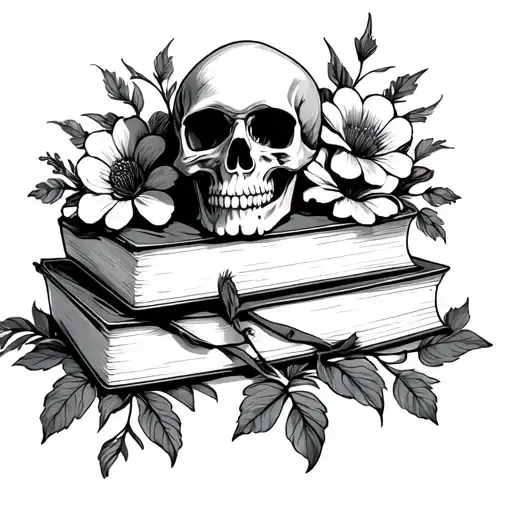 Skull Sitting On Top Of 3 Books With Flowers Surrounding It