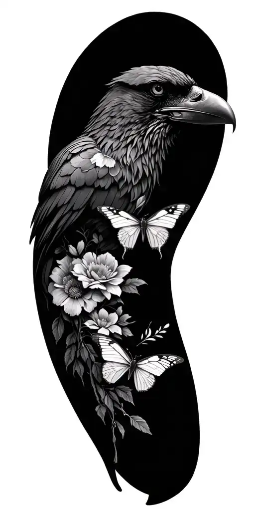 Full Floral Sleeve With Raven Head And Butterflies