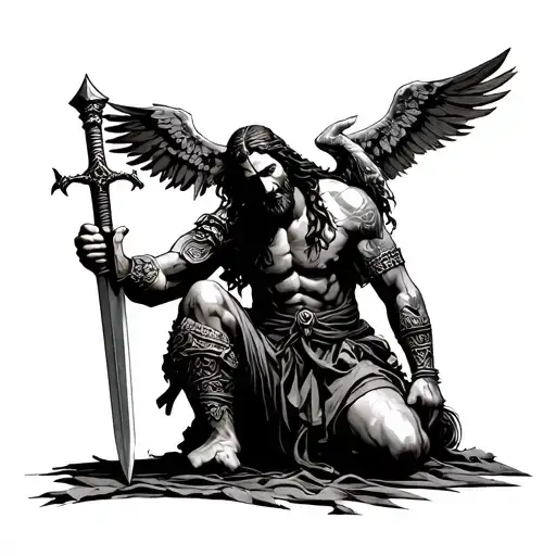 A Warrior Kneeling With A Sword Stuck On The Floor And The Face Of Christ Up Realistic