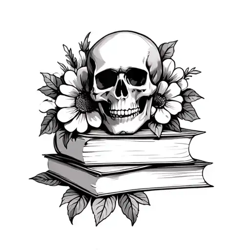Skull Sitting On Top Of 3 Books With Flowers Surrounding It