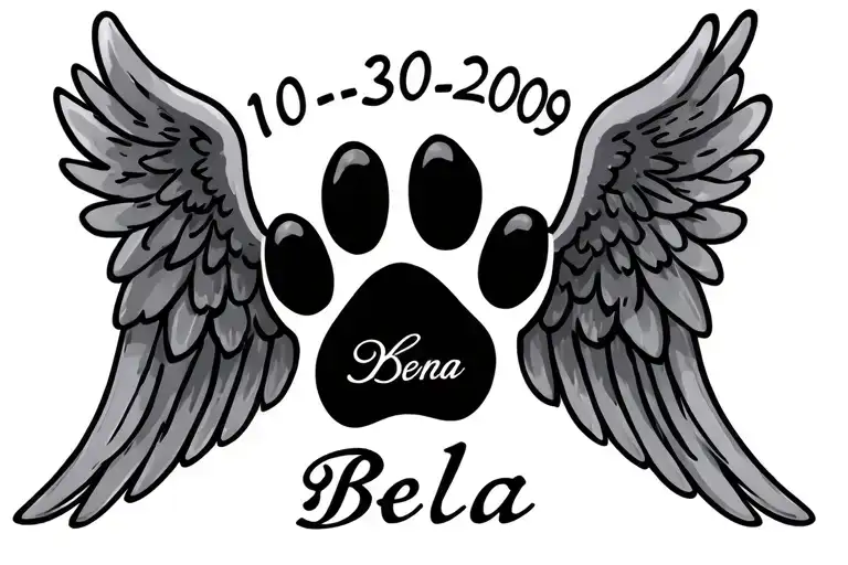Paw Print With Angel Wings Around And The Dates 10-30-2009 And The Name Bella In It