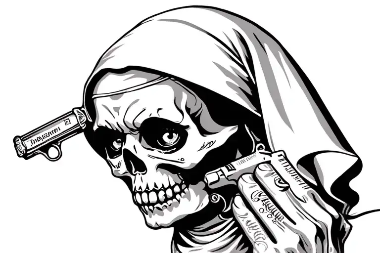 Chicano Muerte Nun Pray Eyes Close Money Pistols Car