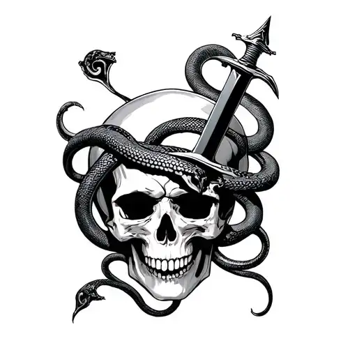 Sword Going Through Skull With Snakes Wrapped
