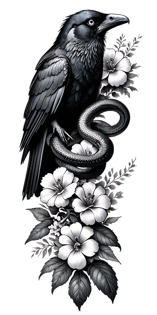 Sleeve Of Flowers With A Raven Sitting And A Snake Intertwined Flowers
