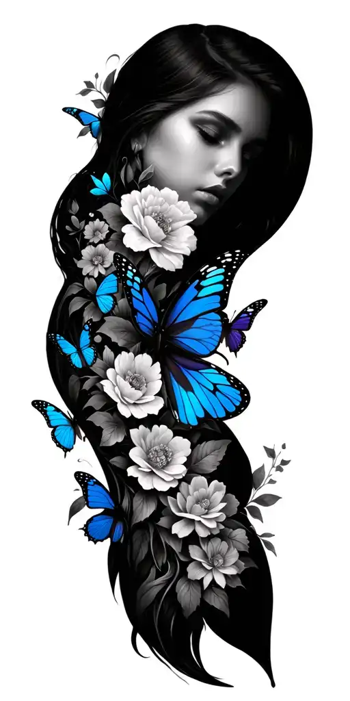 Full Floral Sleeve With A Little Bit Of Porcelain Blue Throughout And Butterflies