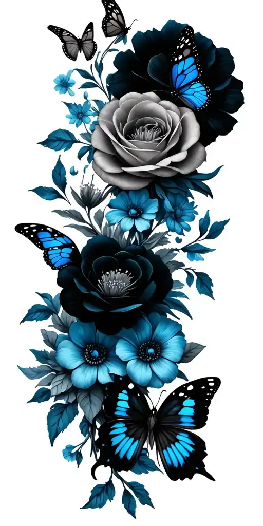 Floral Sleeve With A Small Amount Of Blue And Butterflies