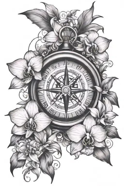 Compass Surrounded By Orchids Flower