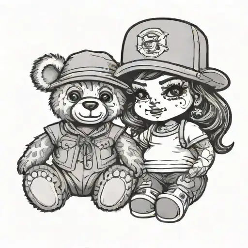 Chicana Couple Cholo Pose Fadora Rim Hat On Girl Stuffed Animal Bear Couple