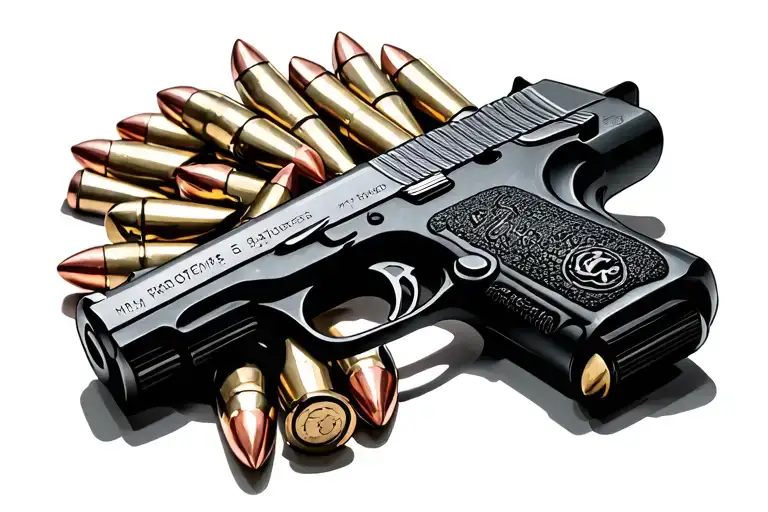 9Mm Bullets Laying Next To The Gun Intertwined