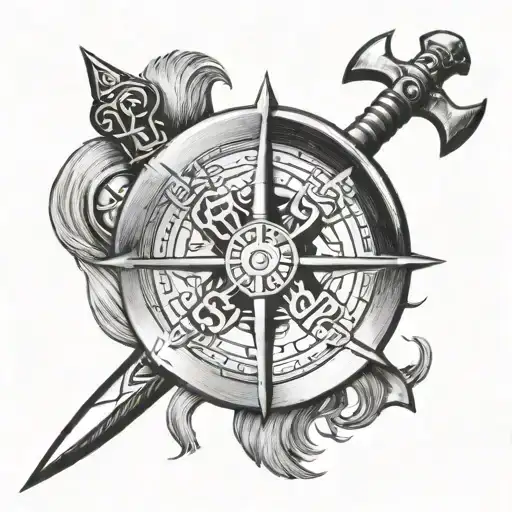 Vegvisir With Viking Hatchets In Background