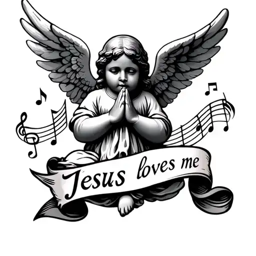 Religious Symbol Intertwined With Baby Angel Praying Hands Music Notes And A Saying Jesus Loves Me