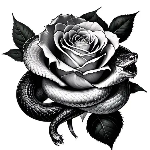 Realistic Diamond Rattlesnake Wrapped Around A Rose