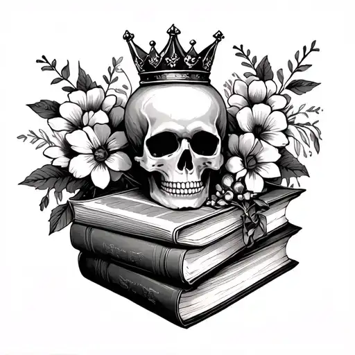 Skull With Crown Sitting On 3 Books With Book Spines Facing Outwards And Flowers Surrounding It