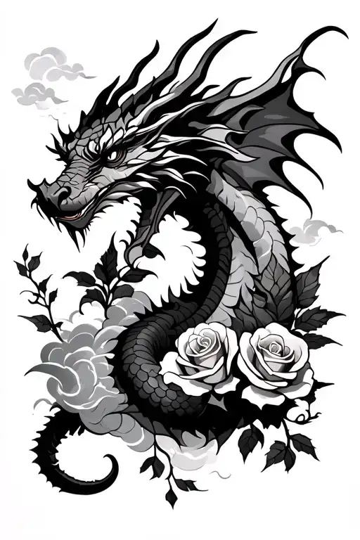 A Dragon And Roses And Clouds