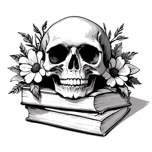 Skull Sitting On 3 Books With Book Spines Facing Outwards And Flowers Surrounding It