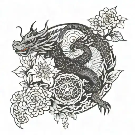 Sakura Flower And Mandala And Dragon