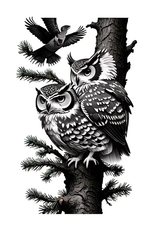 Owl On A Pine Tree And Owl Flying Away