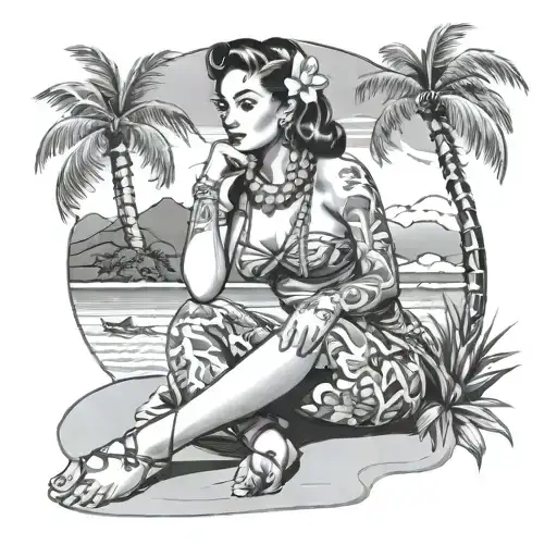 Hawaiian Pinup Girl Sitting On Beach Scene