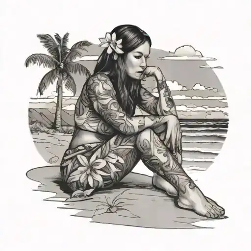 Hawaiian Girl Sitting On Beach Scene