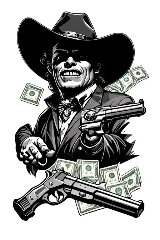 Cowboy Gangster With Diamond Teeth And Guns As Centerpiece And Money And Cards Faded In Around It