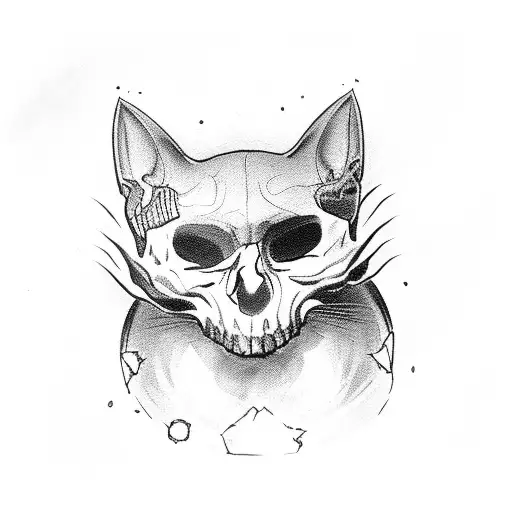 Black Cat Sit With Skull On The Floor