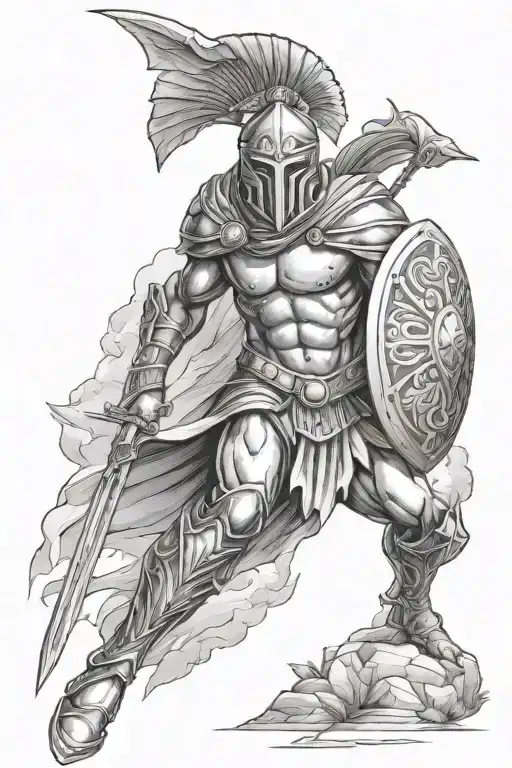 Spartan Male Wit Spear And Shield And Also Background Of Nature