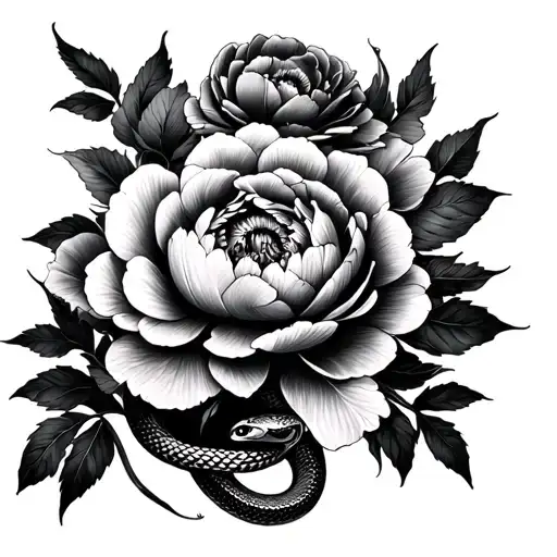 Peonies With A Snake Tattoo Under The Chest