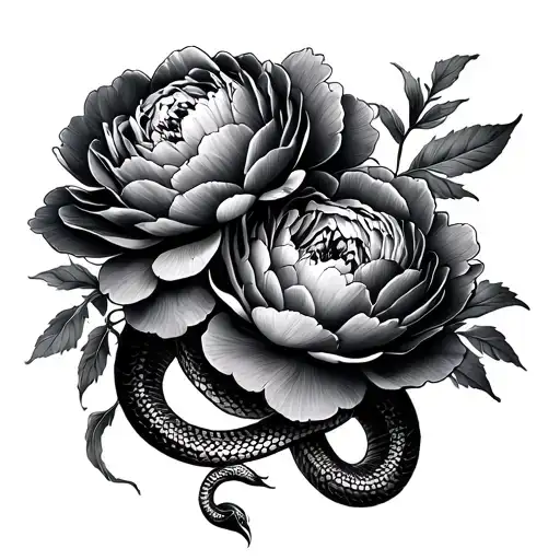Peonies With A Snake Tattoo Under The Chest Piece