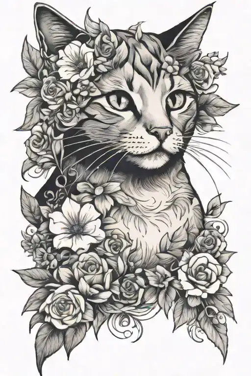 Cat With Flowers Around And Behind It From Top Right
