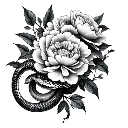 Peonies With A Snake Tattoo Under The Chest Piece Made