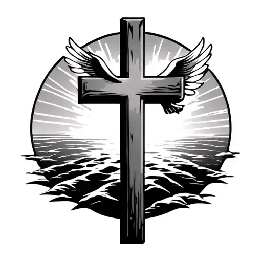 Plain Large Christian Cross With Holy Spirit Dove Coming Out Of It And Sunset Behind It