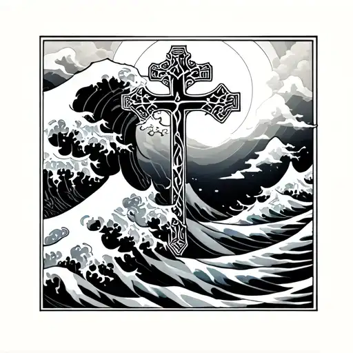 Japanese Wave Behind Christian Cross Intertwined