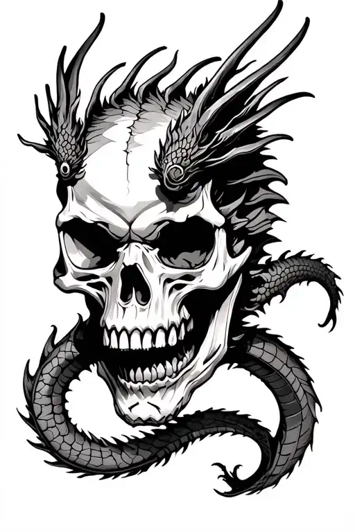 Skull With Dragon Flying Fine Line