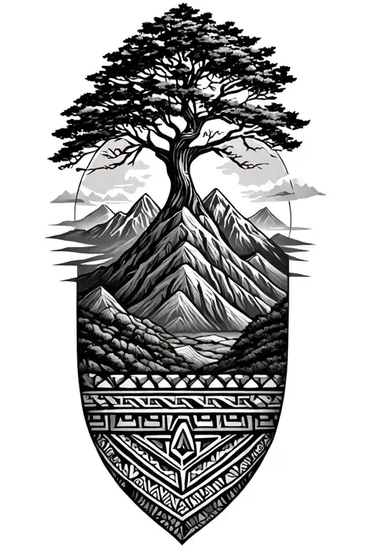 Mountains With Tree Of Life Tattoo Aztec Design