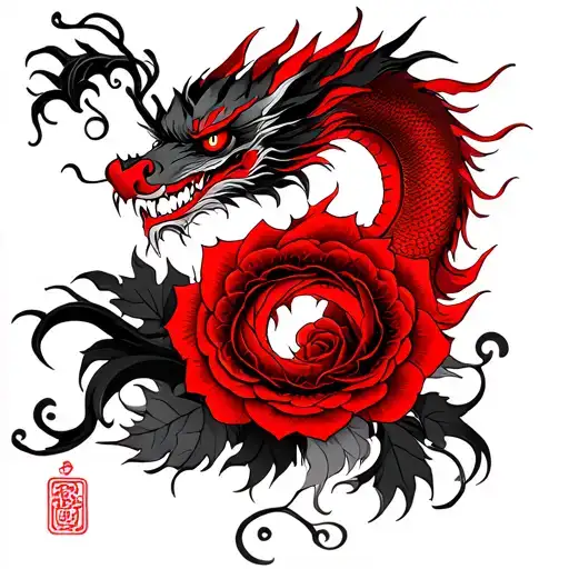 Roses And Chinese Dragon Black And Red