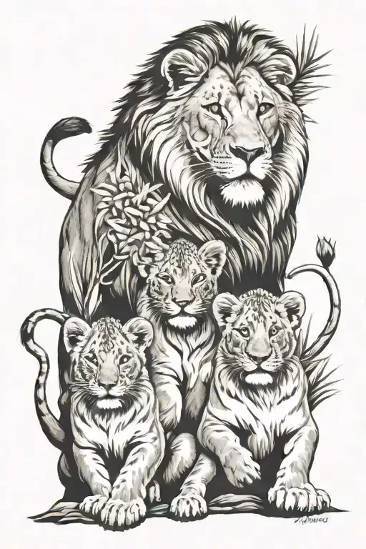 Lion With 3 Cubs Tropical Island