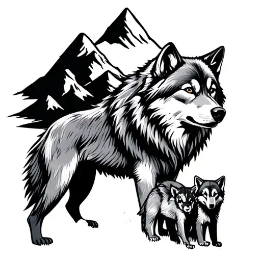 Alpha Wolf Surrounded By Mountains Over Beta Wolf And 2 Cubs