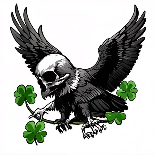 American Traditional Eagle With Skulls And Shamrocks